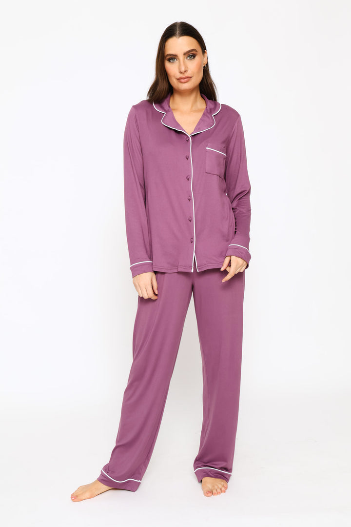 Long Sleeve Soft Touch Button Through & Pant Knit Set - Purple