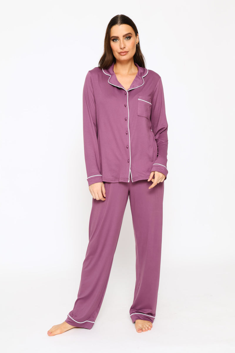 Long Sleeve Soft Touch Button Through & Pant Knit Set - Purple