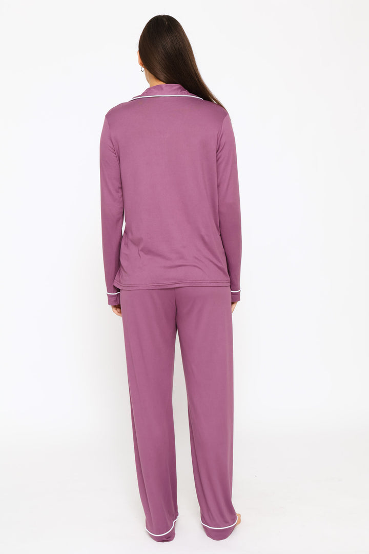 Long Sleeve Soft Touch Button Through & Pant Knit Set - Purple