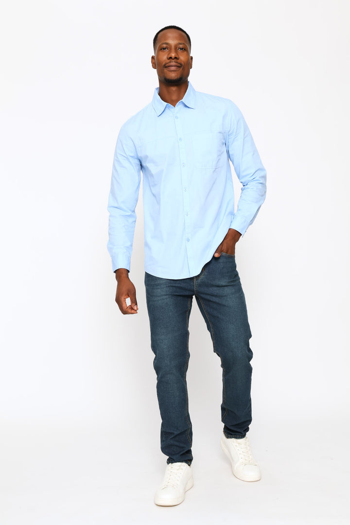 Long Sleeve Panel Poplin Shirt - Light Blue