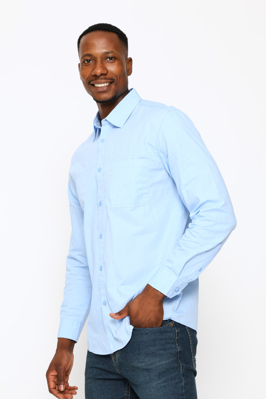 Long Sleeve Panel Poplin Shirt - Light Blue