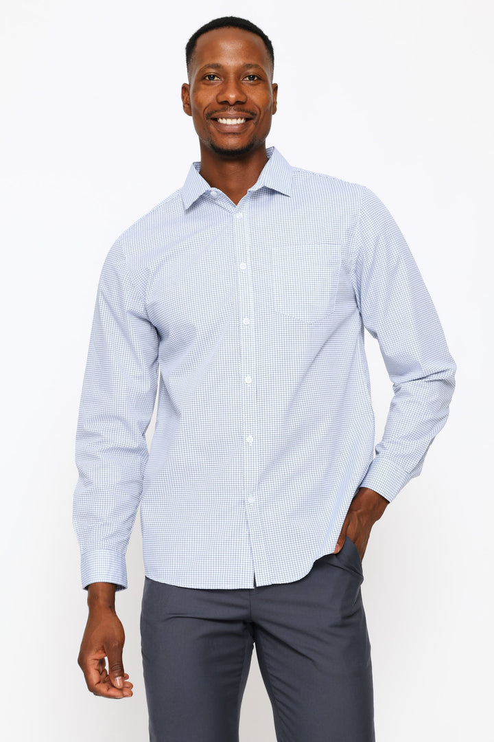 Long Sleeve Regular Fine Grid Check Printed Shirt - White/Blue