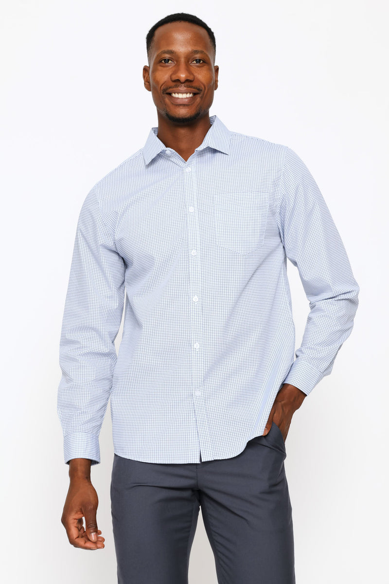 Long Sleeve Regular Fine Grid Check Printed Shirt - White/Blue