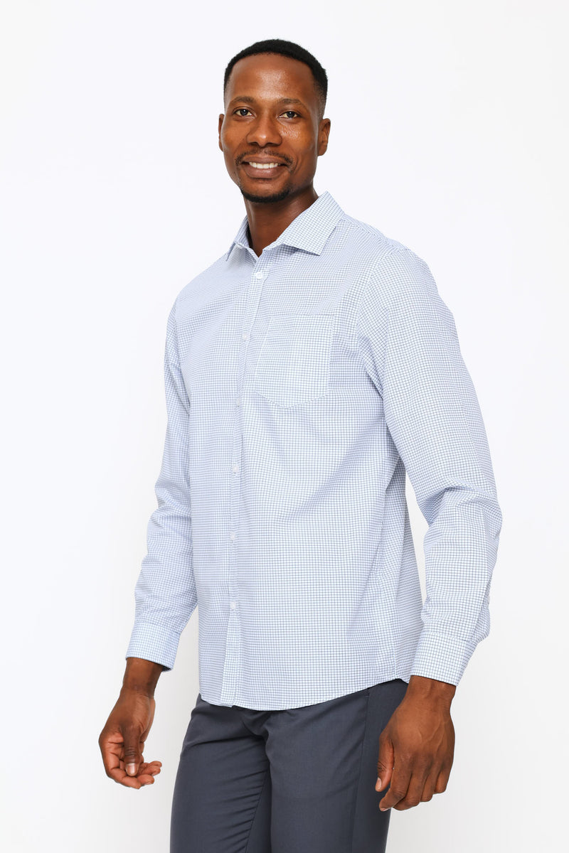 Long Sleeve Regular Fine Grid Check Printed Shirt - White/Blue