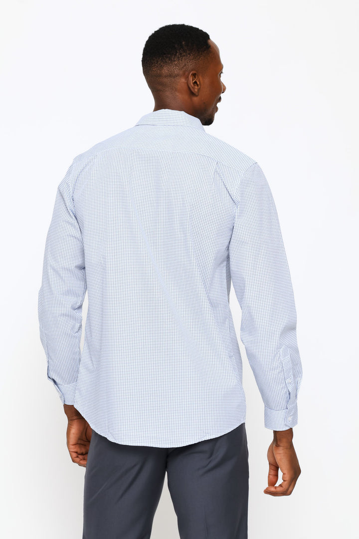 Long Sleeve Regular Fine Grid Check Printed Shirt - White/Blue