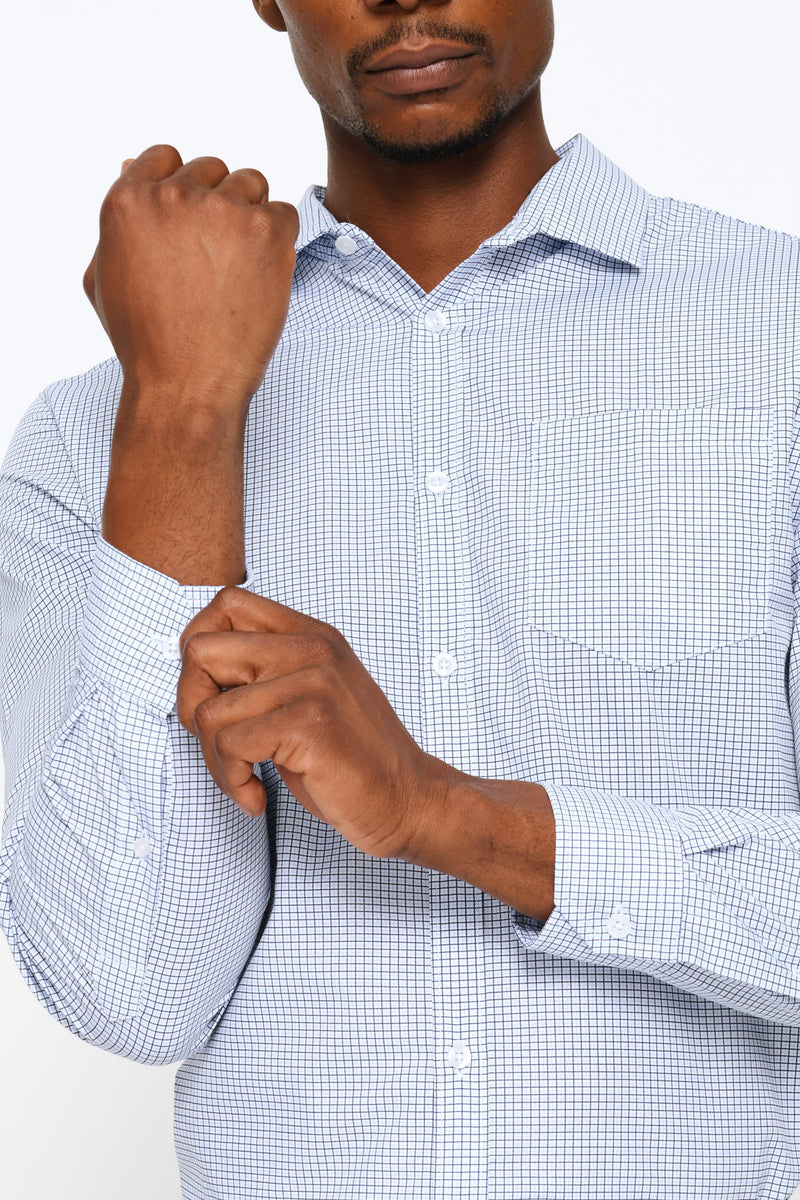 Long Sleeve Regular Fine Grid Check Printed Shirt - White/Blue