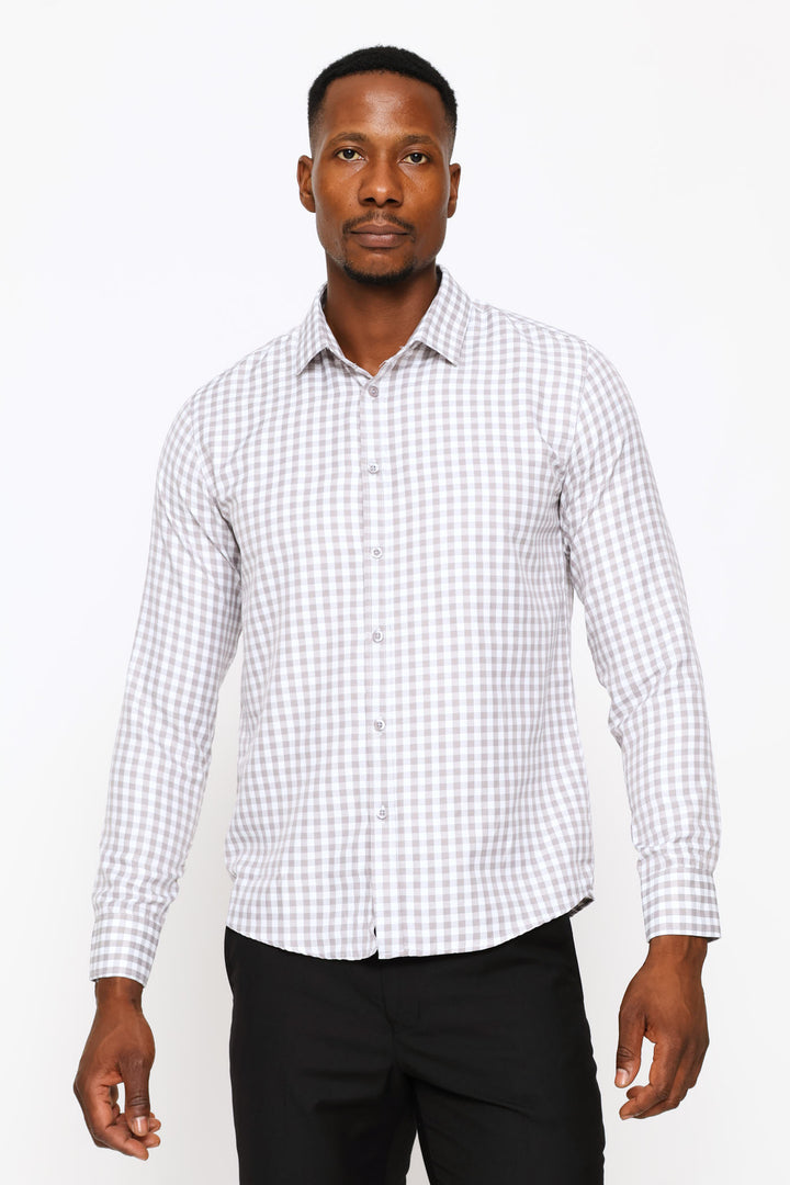 Slim Long Sleeve Check Textured Shirt - Grey/White