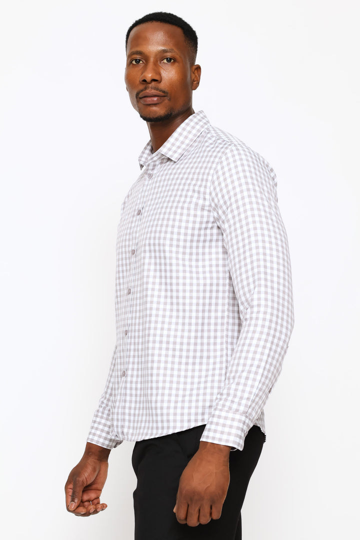 Slim Long Sleeve Check Textured Shirt - Grey/White