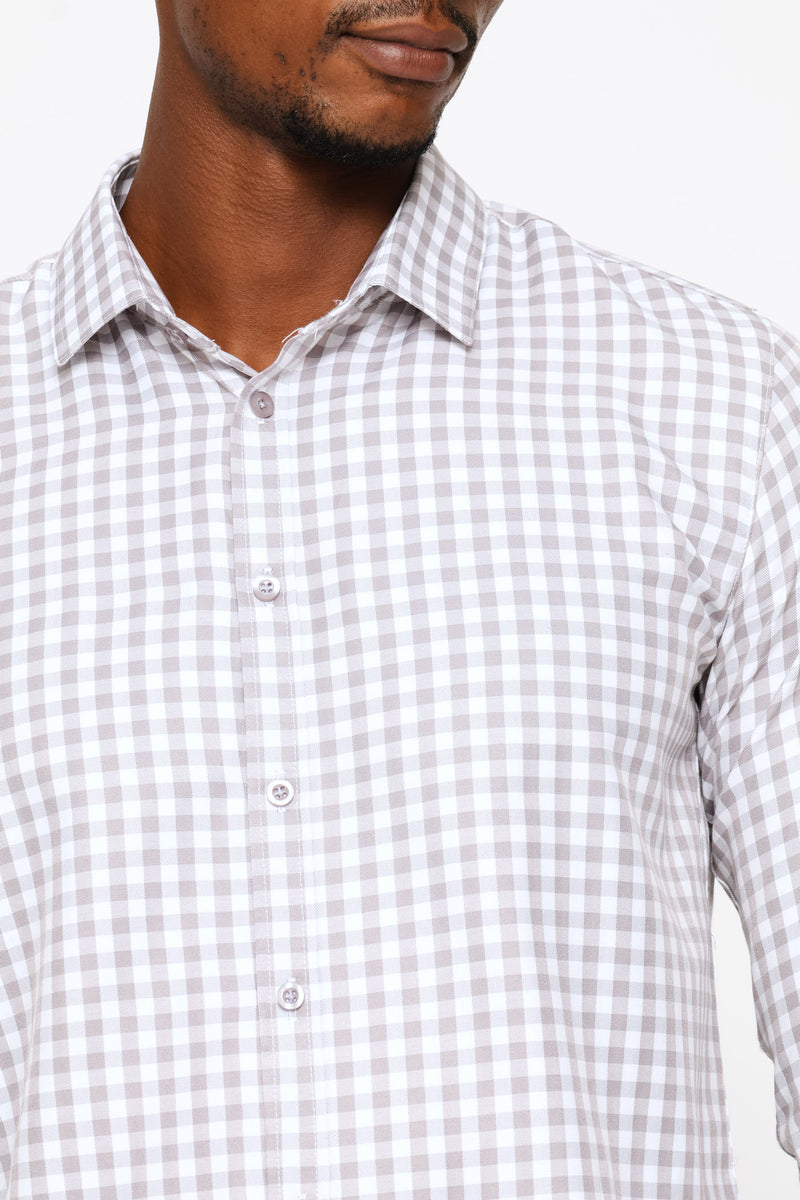 Slim Long Sleeve Check Textured Shirt - Grey/White