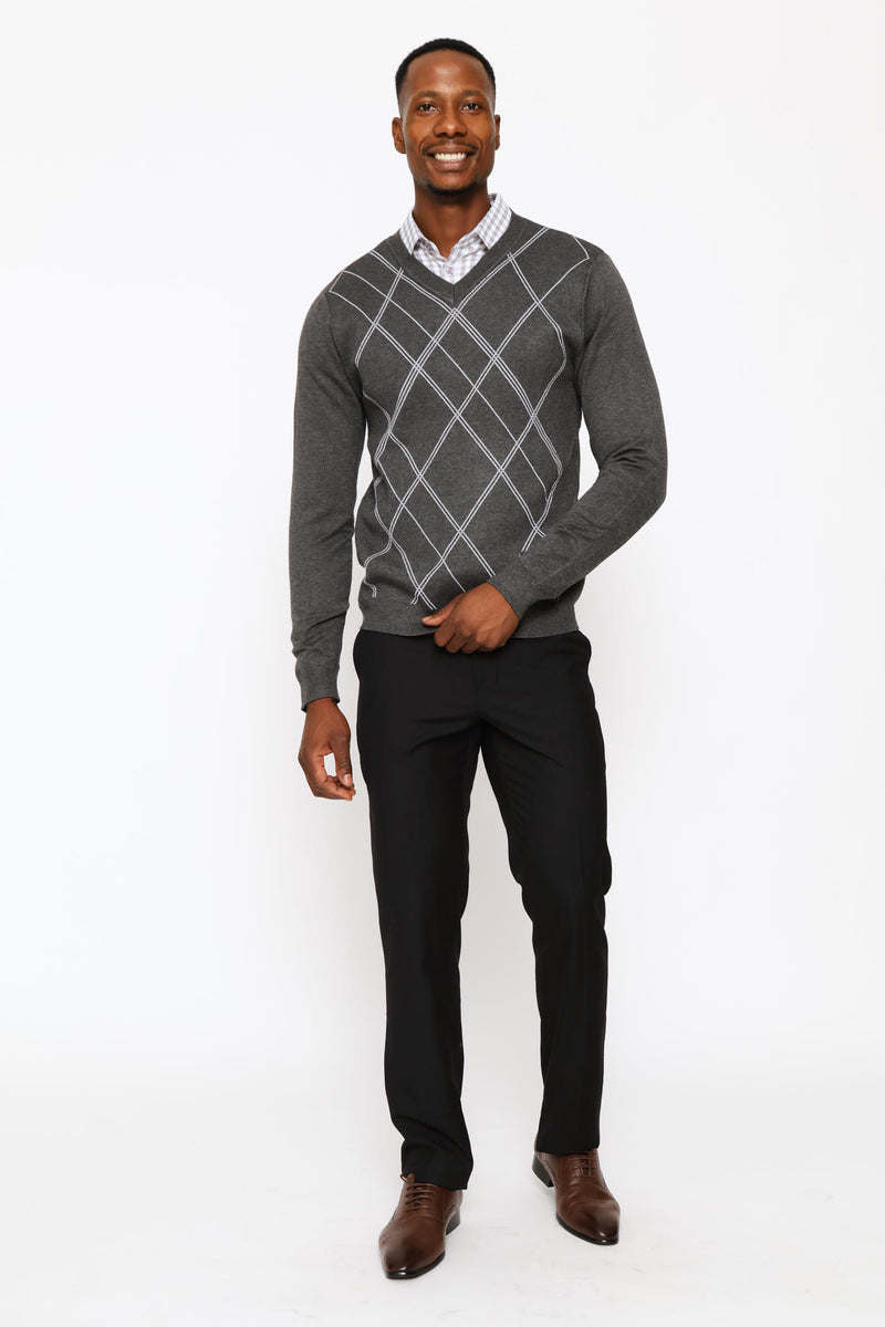 Long Sleeve V-Neck Argyle Pullover - Charcoal