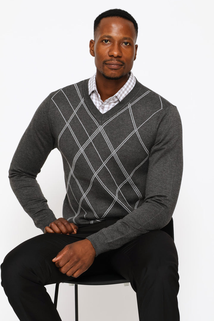 Long Sleeve V-Neck Argyle Pullover - Charcoal