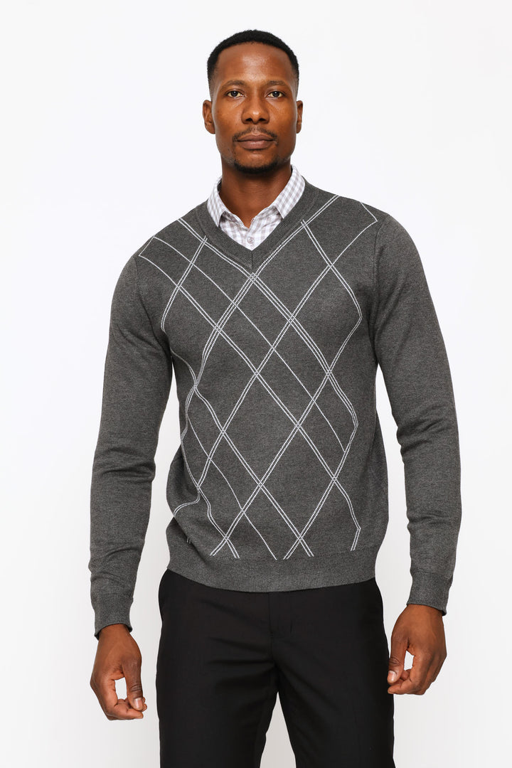 Long Sleeve V-Neck Argyle Pullover - Charcoal