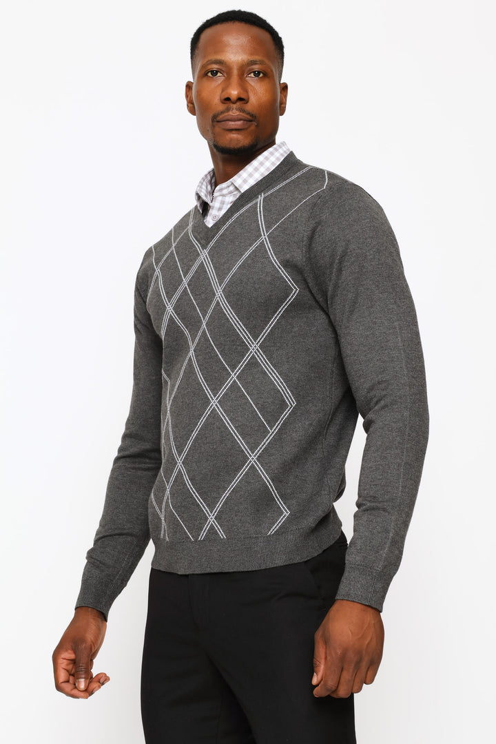 Long Sleeve V-Neck Argyle Pullover - Charcoal