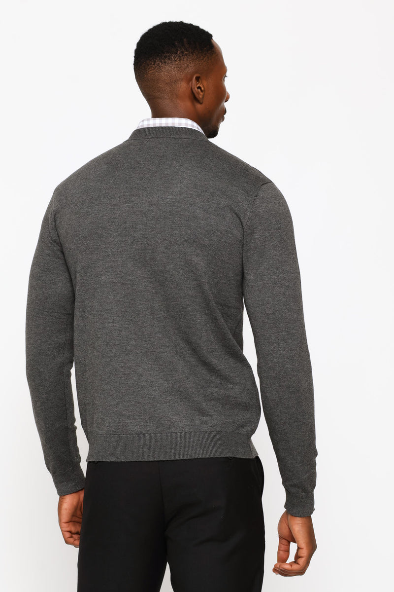 Long Sleeve V-Neck Argyle Pullover - Charcoal