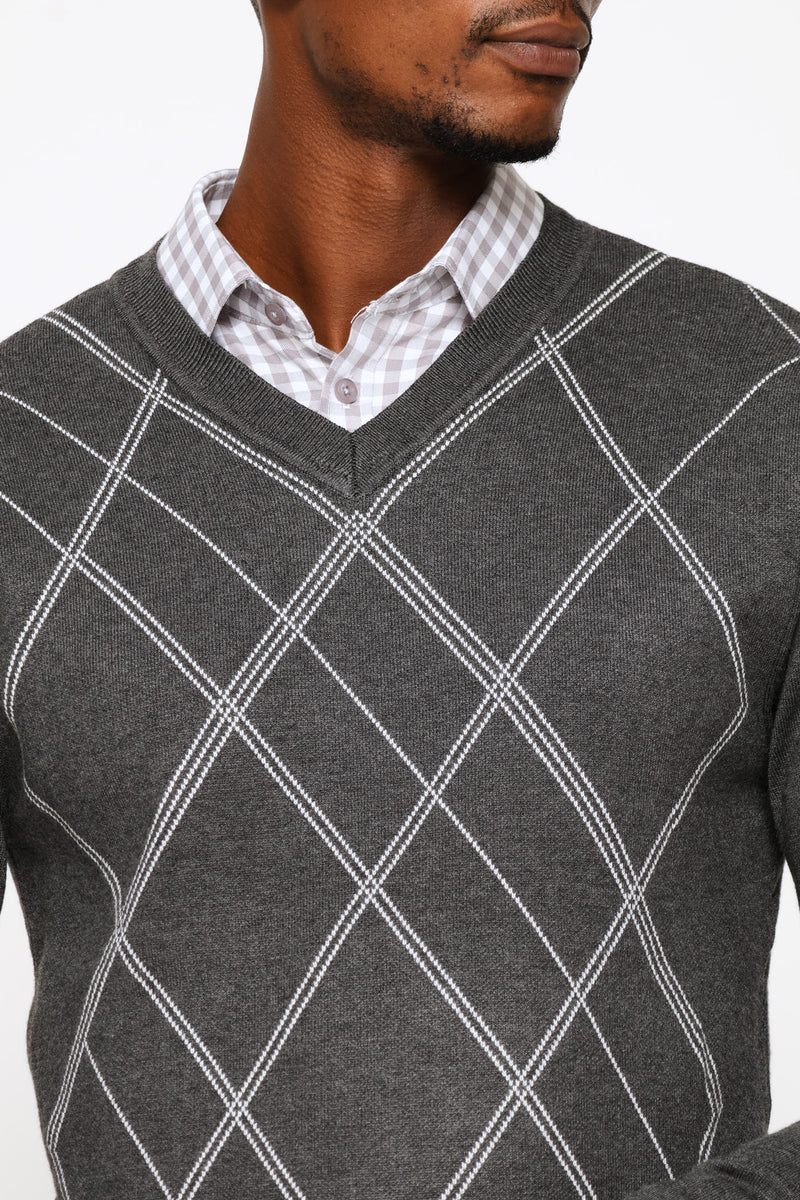 Long Sleeve V-Neck Argyle Pullover - Charcoal