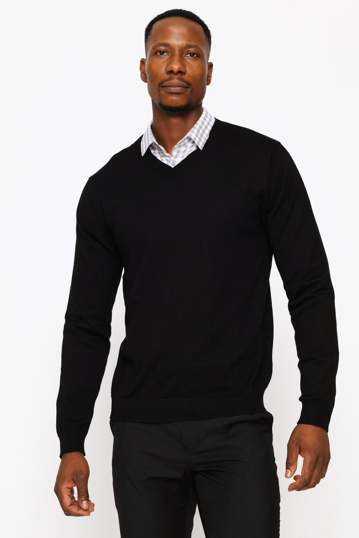 Long Sleeve V-Neck Pullover - Black