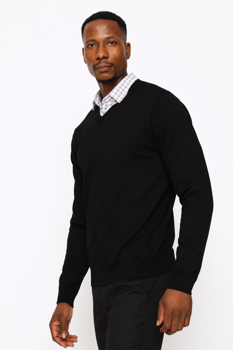 Long Sleeve V-Neck Pullover - Black