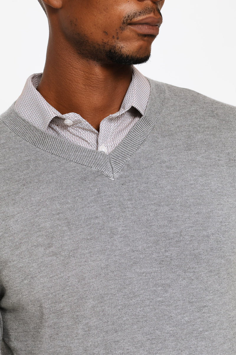 Long Sleeve V-Neck Pullover - Grey