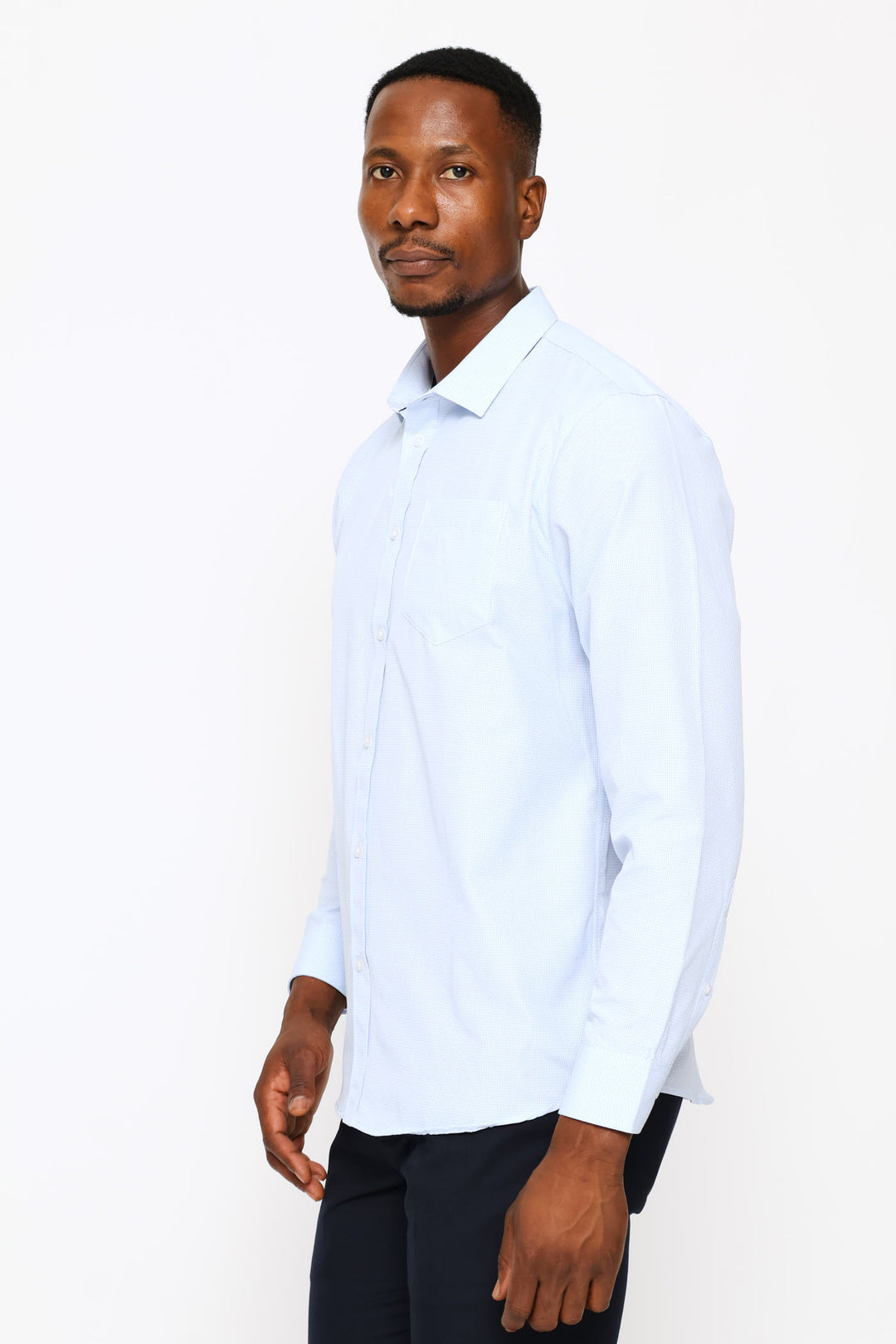 Regular Long Sleeve Geometric Textured Shirt - Mid Blue