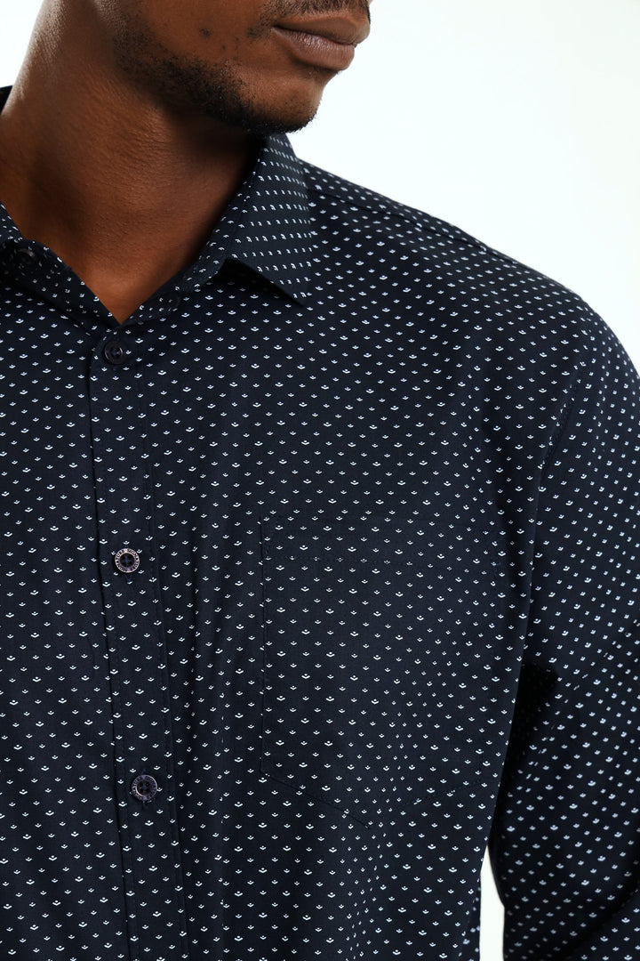 Regular Ditsy Abstract Printed Shirt - Navy/White