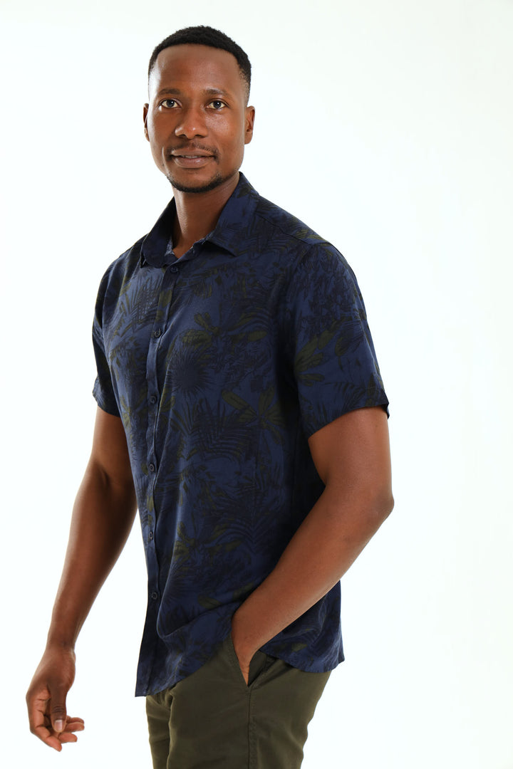 Leaf Print Shirt - Navy