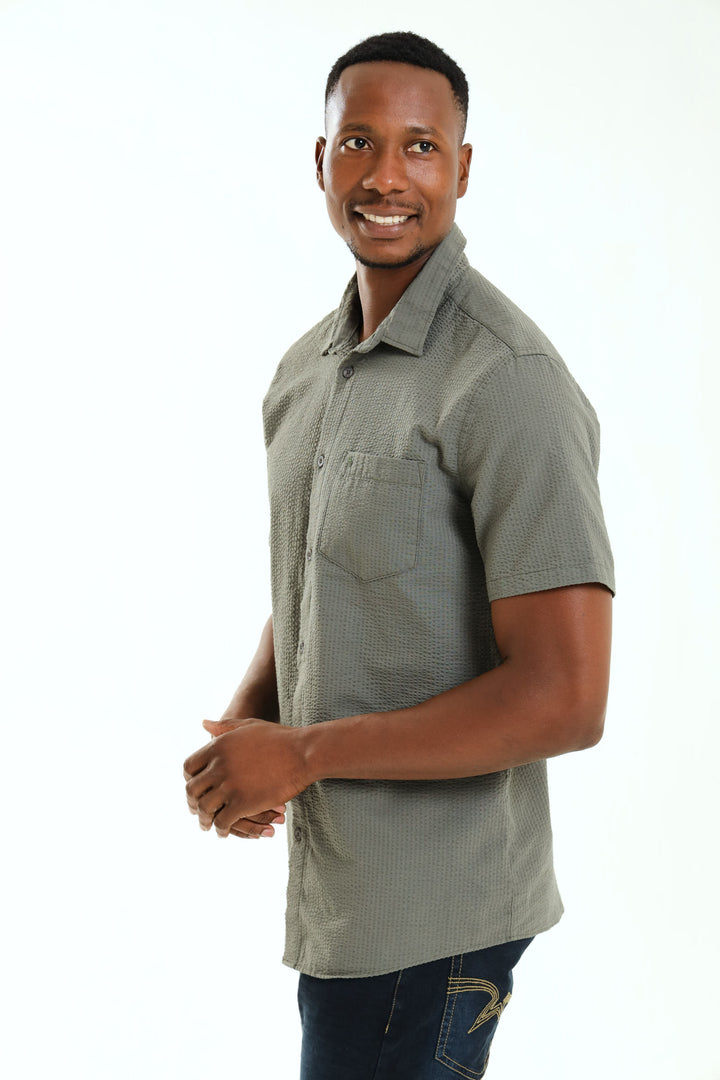 Short Sleeve Seersucker Shirt - Moss Green