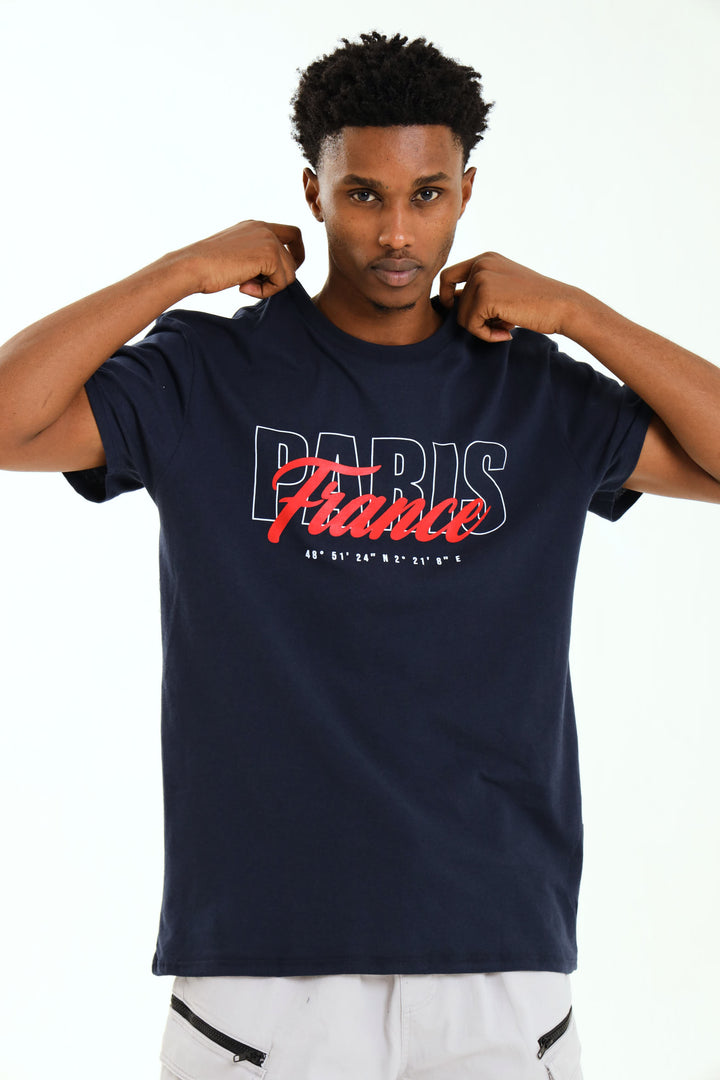 Short Sleeve Basic Print Tee - Navy