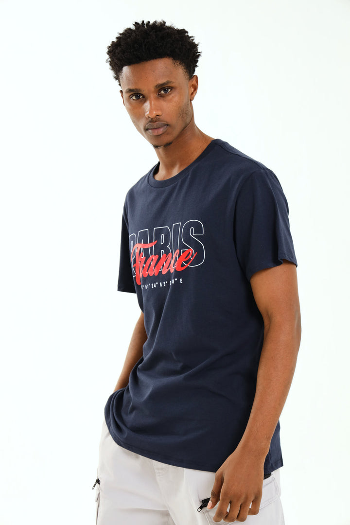 Short Sleeve Basic Print Tee - Navy