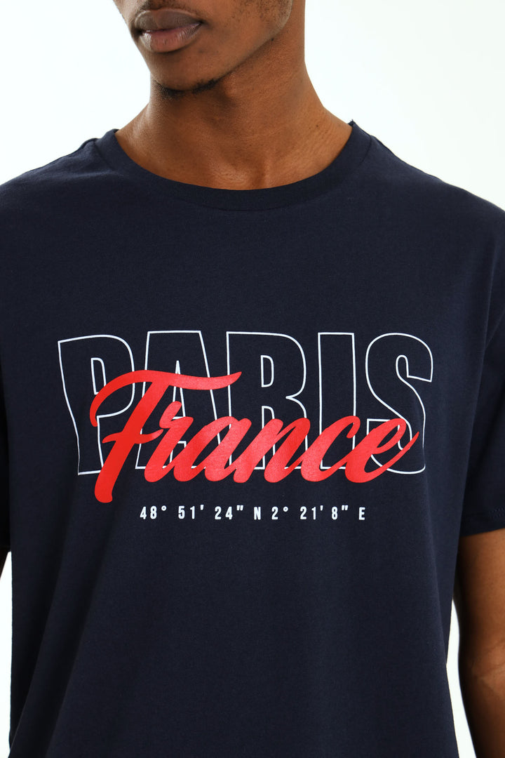 Short Sleeve Basic Print Tee - Navy