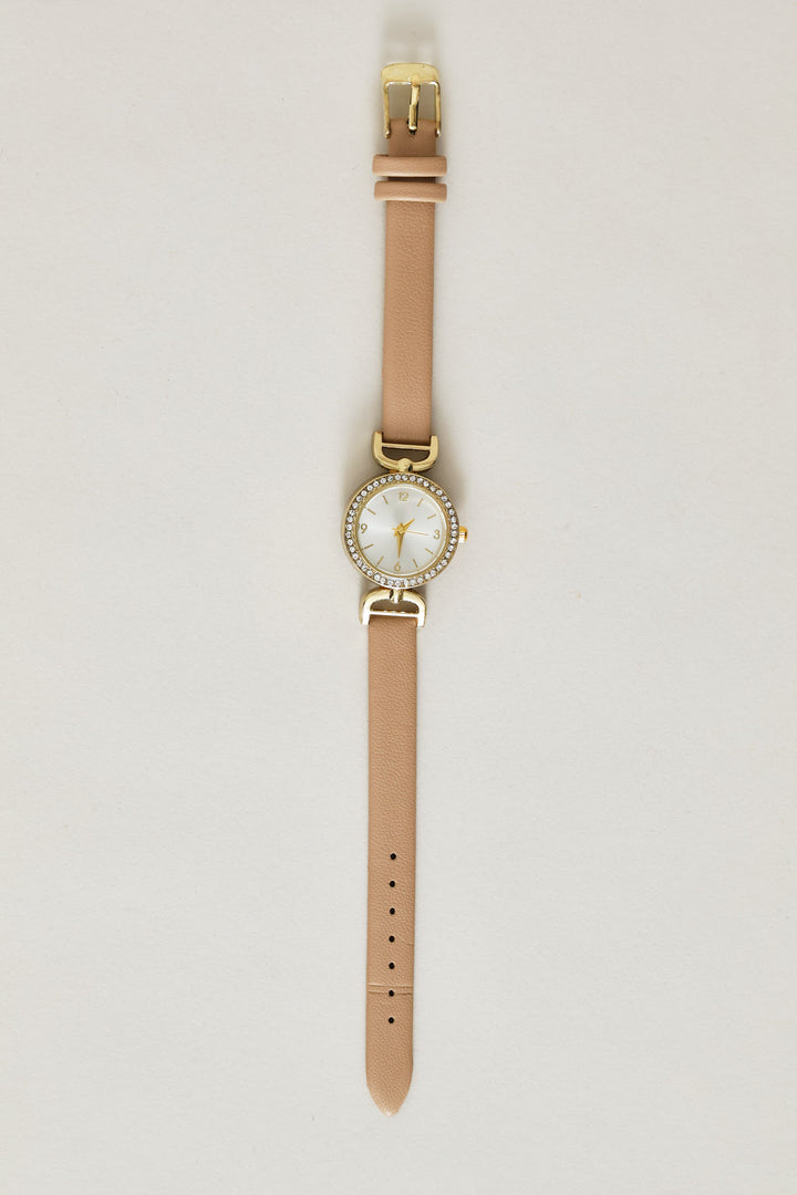 Dainty Taupe Strap Diamante Watch - Gold