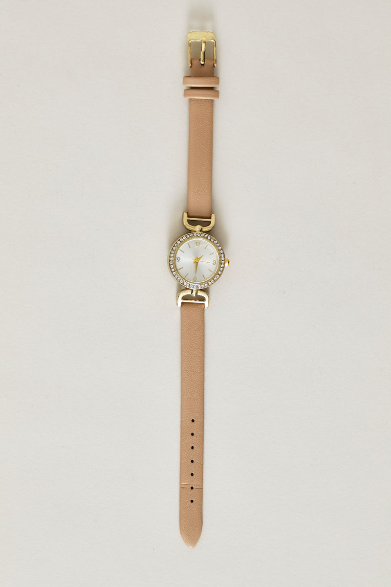 Dainty Taupe Strap Diamante Watch - Gold