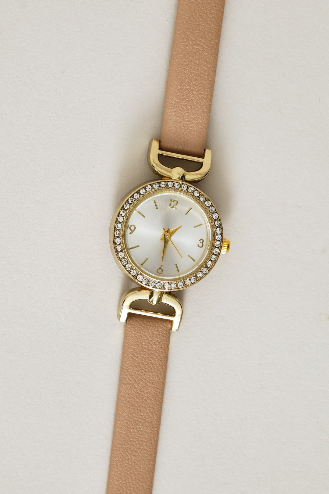 Dainty Taupe Strap Diamante Watch - Gold