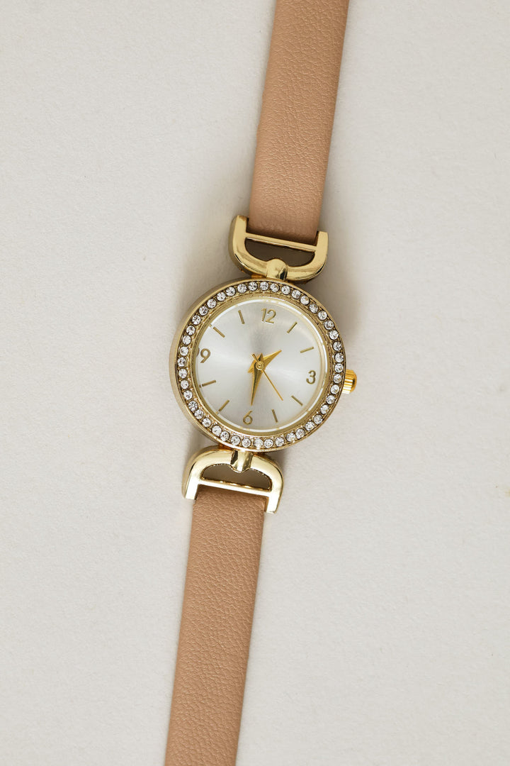 Dainty Taupe Strap Diamante Watch - Gold