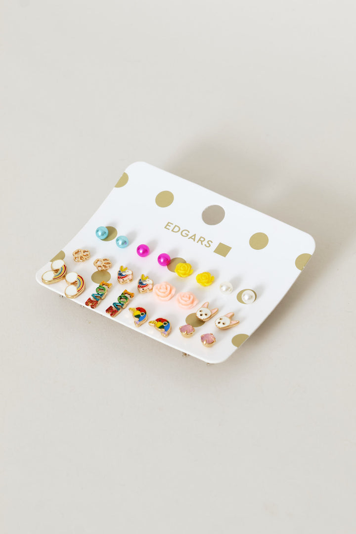 Pre-Girls 12 Pack Rainbow & Bunnies Earings - Multi