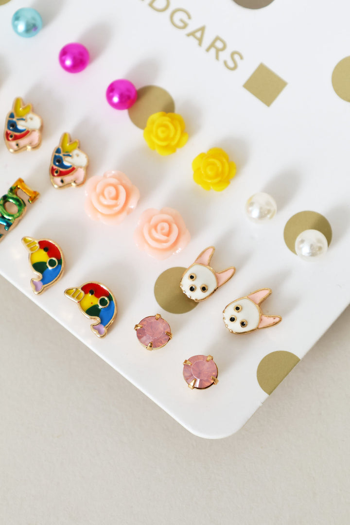 Pre-Girls 12 Pack Rainbow & Bunnies Earings - Multi