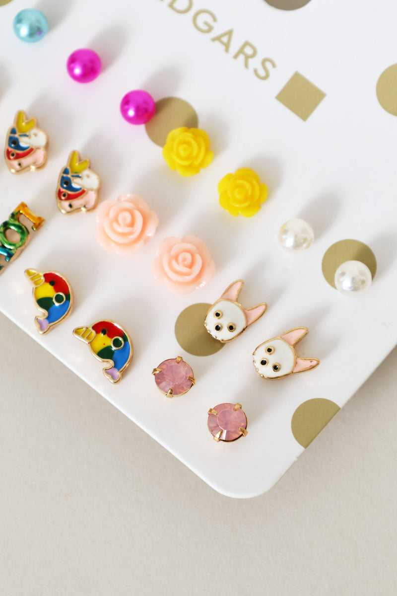 Pre-Girls 12 Pack Rainbow & Bunnies Earings - Multi