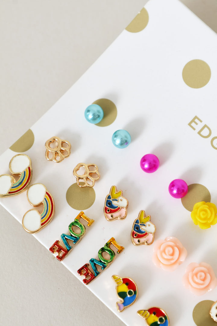 Pre-Girls 12 Pack Rainbow & Bunnies Earings - Multi