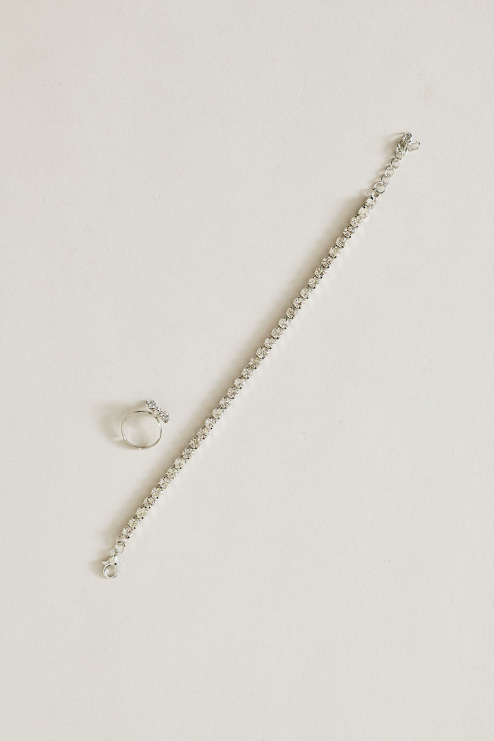 Girls Bow Necklace, Ring And Bracelet Set - Silver