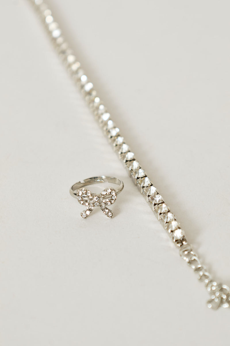 Girls Bow Necklace, Ring And Bracelet Set - Silver
