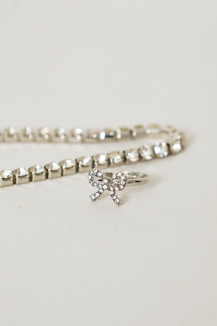 Girls Bow Necklace, Ring And Bracelet Set - Silver
