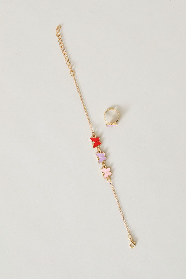 Pre-Girls Butterfly Necklace Ring And Bracelet Set - Multi