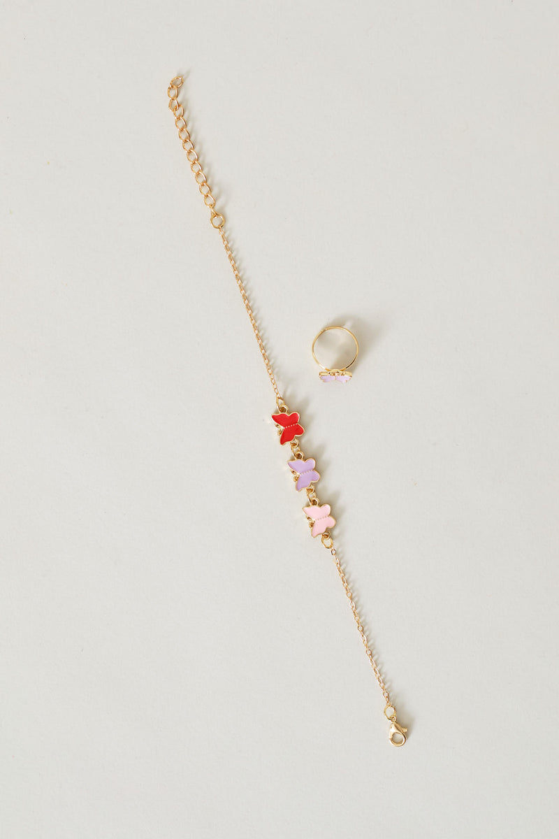 Pre-Girls Butterfly Necklace Ring And Bracelet Set - Multi