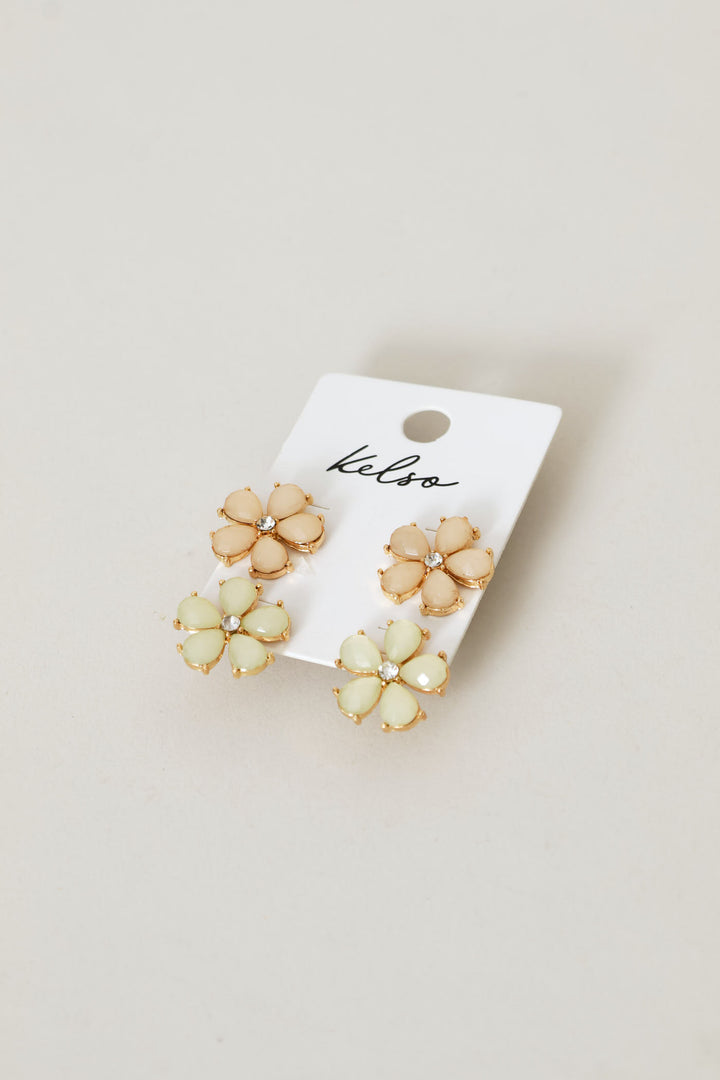 2 Pack Floral Stud Earrings - Gold