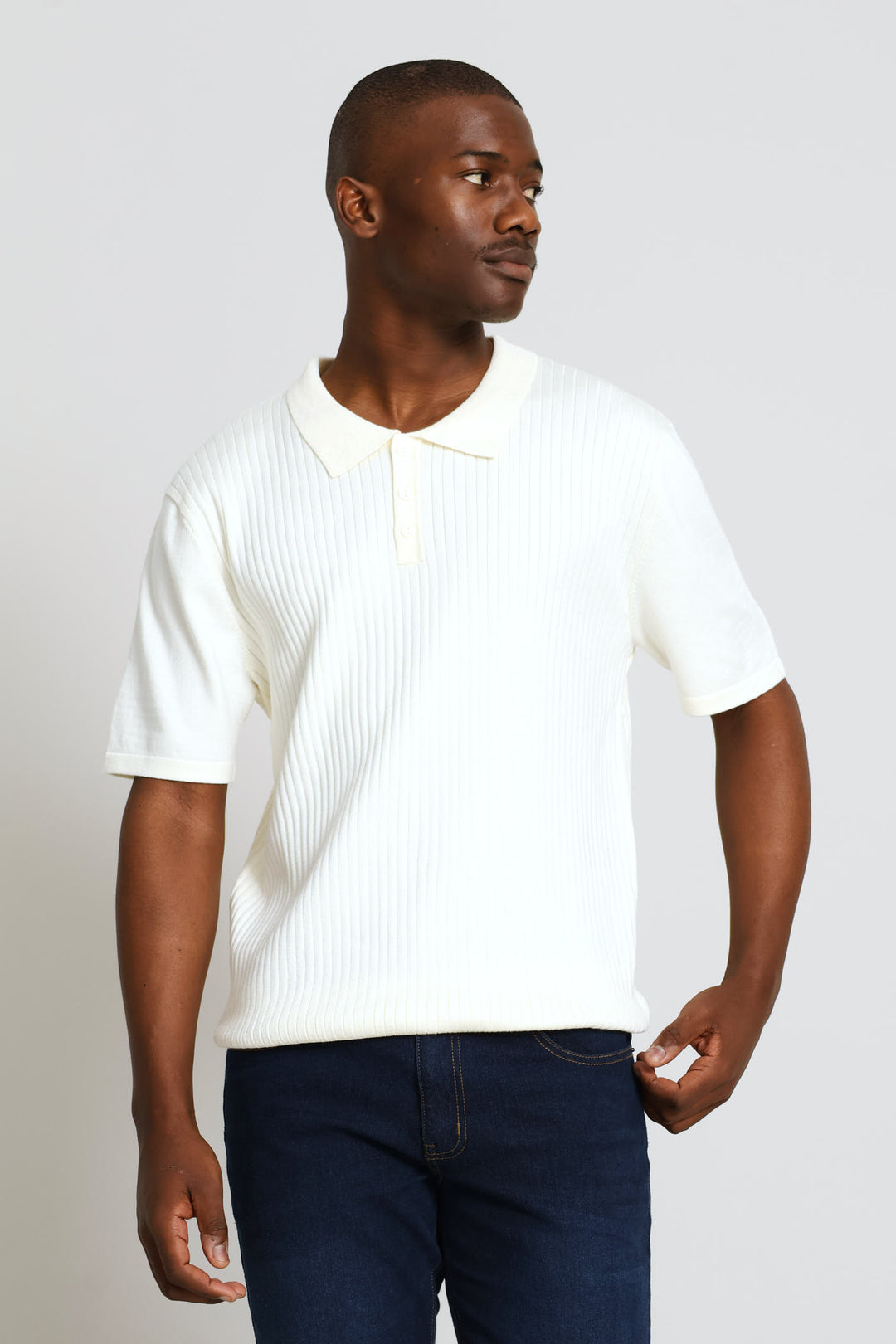 Textured Fine Knit Golfer - Ecru
