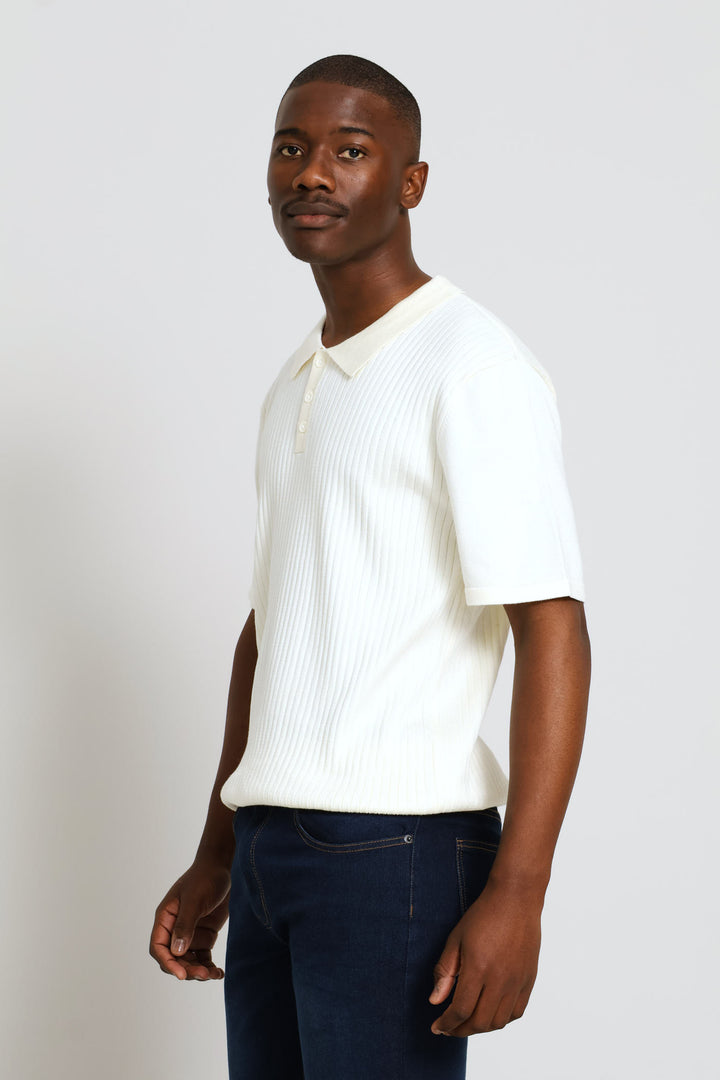 Textured Fine Knit Golfer - Ecru