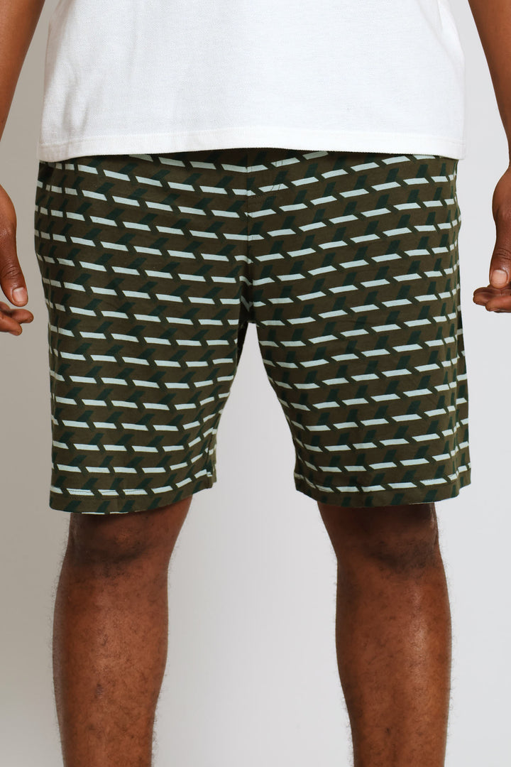 Geo Print Knit Shorts - Olive