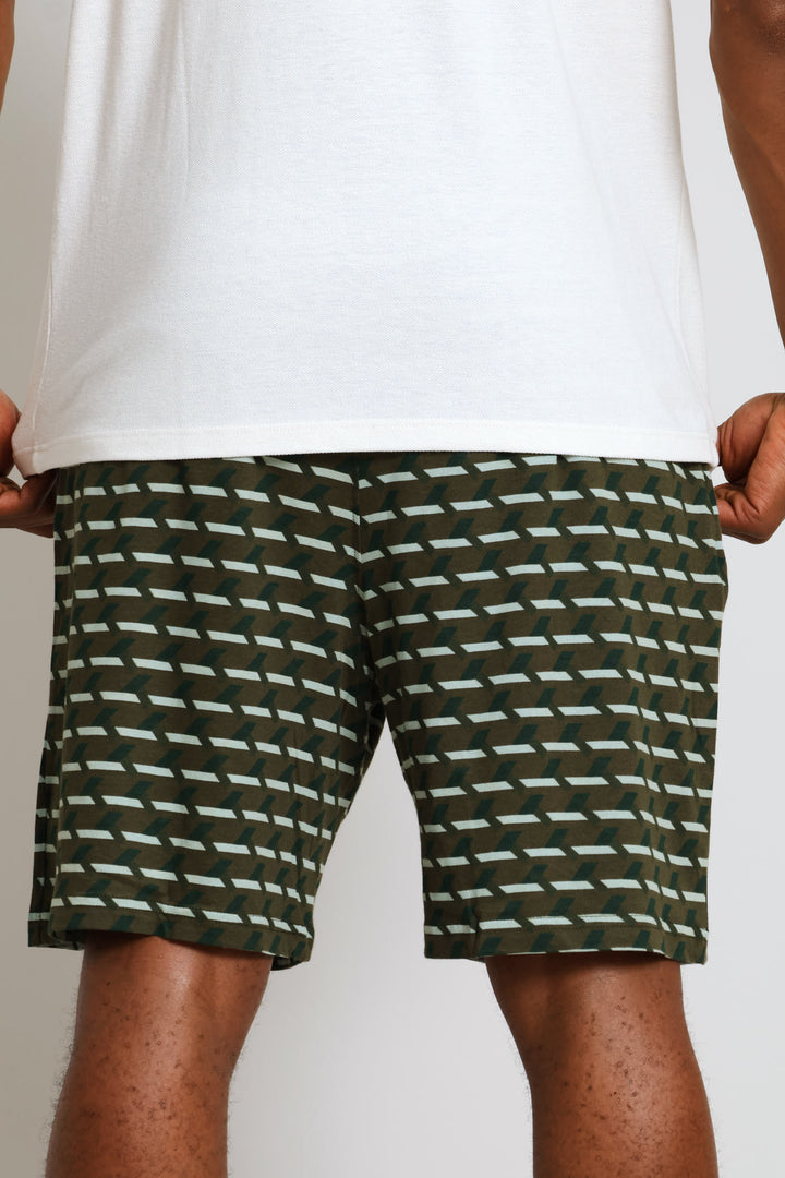 Geo Print Knit Shorts - Olive