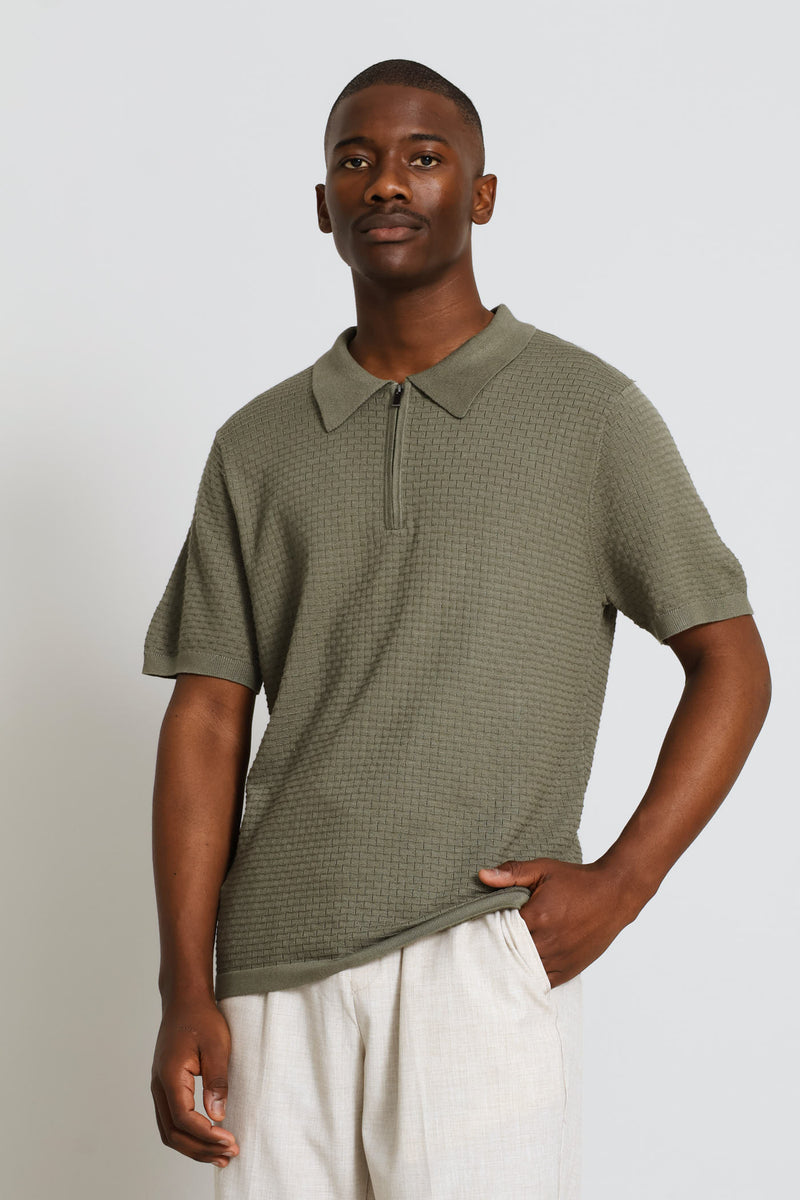 Geometric Textured Quarter Zip - Sage