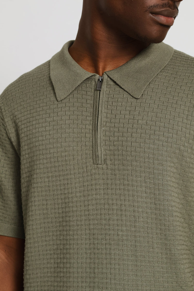 Geometric Textured Quarter Zip - Sage