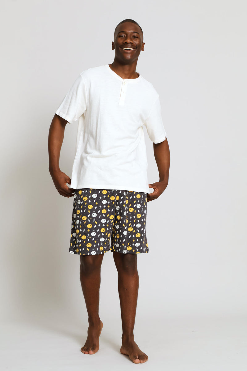 Smiley Print Knit Shorts - Charcoal